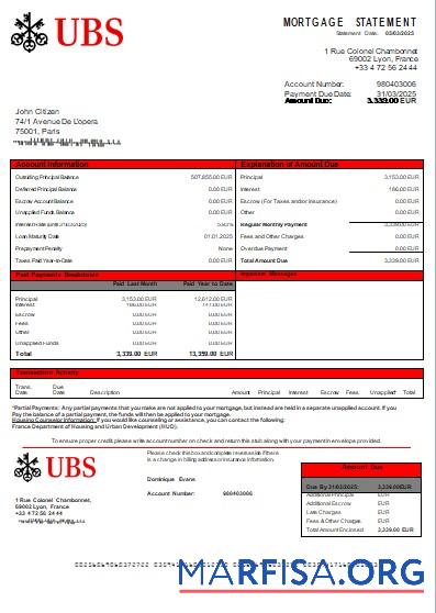 Printable France UBS bank mortgage statement scr example